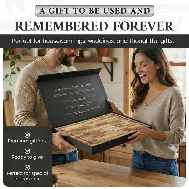 Alt view image 6 of 7 - Maple End-Grain Cutting Board Made in USA 17 x 13 x 1.75 (10 lbs) - Thick Butcher Block Juice Groove, Non-Slip Feet Food-Safe Mineral Oil Finish Premium Gift Box