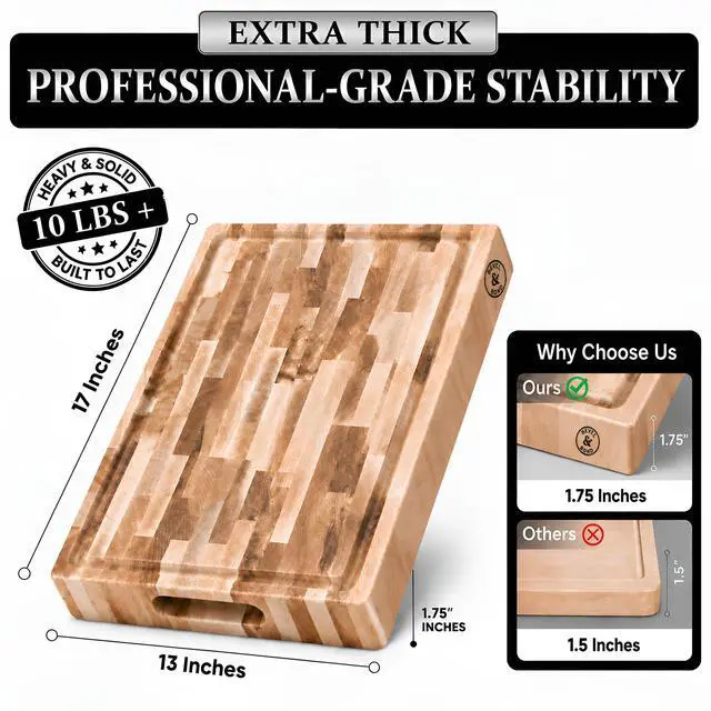 Alt view image 4 of 7 - Maple End-Grain Cutting Board Made in USA 17 x 13 x 1.75 (10 lbs) - Thick Butcher Block Juice Groove, Non-Slip Feet Food-Safe Mineral Oil Finish Premium Gift Box