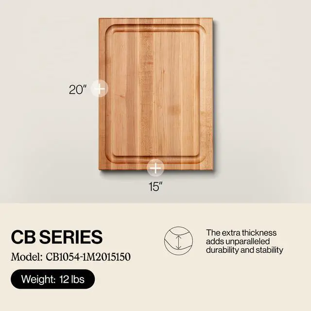 Alt view image 2 of 7 - John Boos CB Series Rectangular Wooden Maple Cutting Board 20x15 1.5 Thick, 12-lb Reversible Butcher Block with Juice Groove, Edge-Grain & Finger Grips Made in the USA