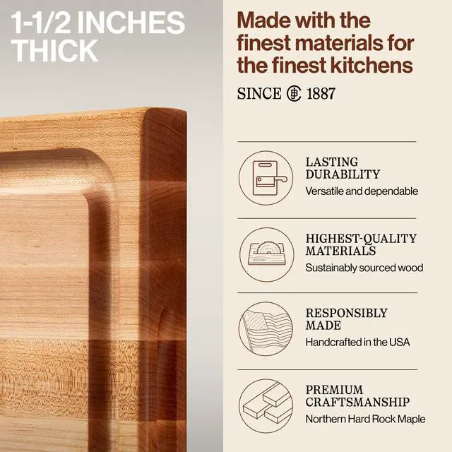 Alt view image 3 of 7 - John Boos CB Series Rectangular Wooden Maple Cutting Board 20x15 1.5 Thick, 12-lb Reversible Butcher Block with Juice Groove, Edge-Grain & Finger Grips Made in the USA