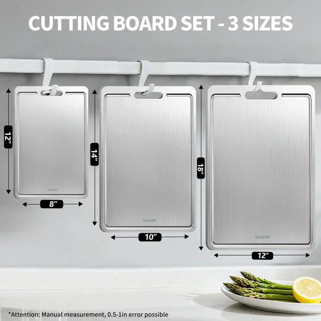 Alt view image 3 of 7 - 3pcs 100% Pure Titanium Cutting Boards with Juice Groove, Double-Sided Non-Toxic Chopping Boards for kitchen Meat, Vegetables and Fruits, Dishwasher Safe, Grey(9"×12" / 10"×14" / 12"×18")