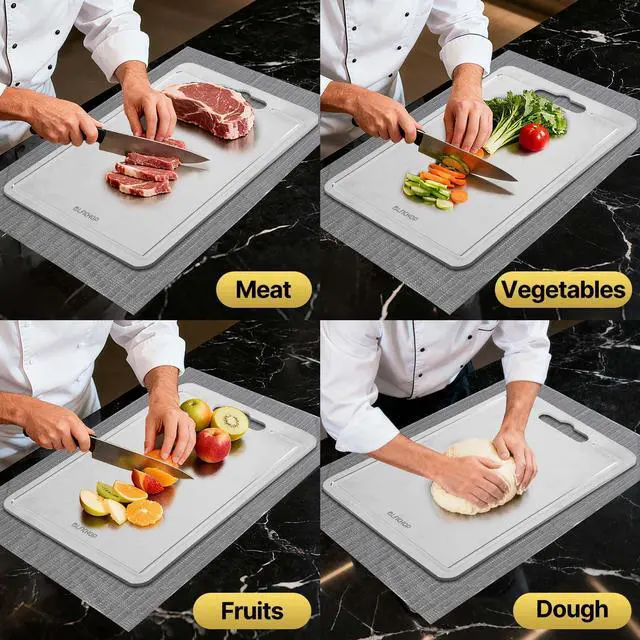 Alt view image 6 of 7 - 3pcs 100% Pure Titanium Cutting Boards with Juice Groove, Double-Sided Non-Toxic Chopping Boards for kitchen Meat, Vegetables and Fruits, Dishwasher Safe, Grey(9"×12" / 10"×14" / 12"×18")