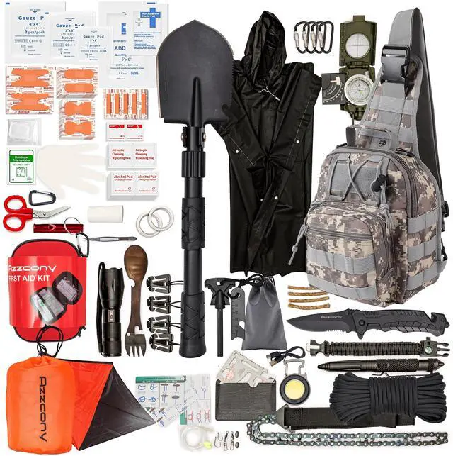 Main image of Emergency Survival Kit with First Aid Gears and Supplies - EDC Go Bugout Bag - Get Home Backpack for Camping Outdoor - Tactical Military Molle Pouch Grade - Gift for Man Woman (Army Blue)