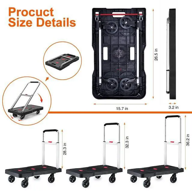 Alt view image 2 of 7 - Double Rhombus Folding Hand Truck Platform Truck 330 Lbs Heavy Duty Dolly Cart with Wheels, Fully Folded Push Cart, Portable Trolley Utility Cart for Easy Storage, Garage Moving Shopping Home Office