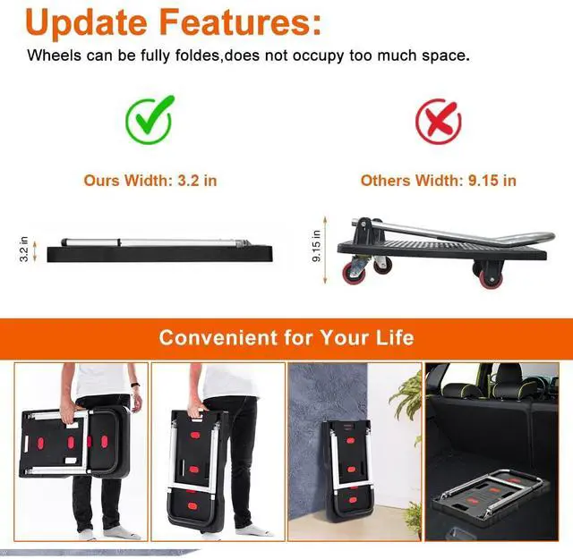 Alt view image 4 of 7 - Double Rhombus Folding Hand Truck Platform Truck 330 Lbs Heavy Duty Dolly Cart with Wheels, Fully Folded Push Cart, Portable Trolley Utility Cart for Easy Storage, Garage Moving Shopping Home Office