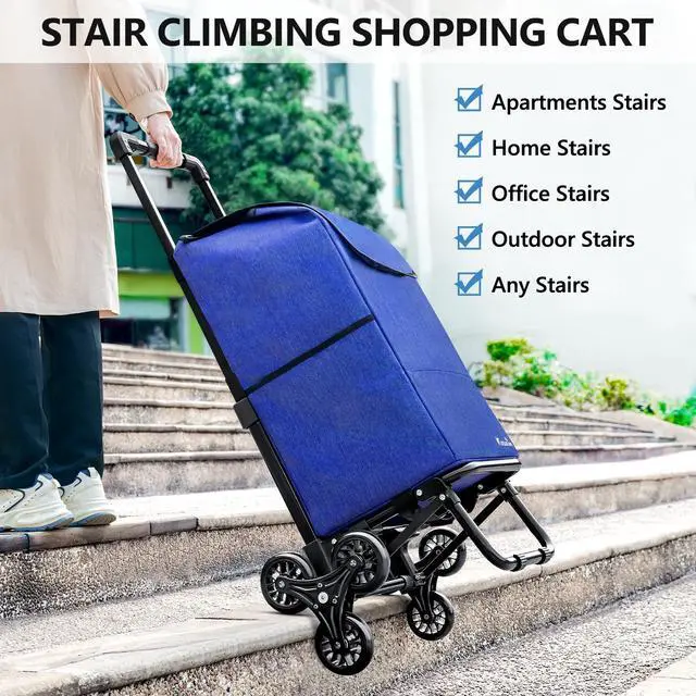 Alt view image 2 of 7 - KEDSUM 2 in 1 Stair Climbing Cart, 60L/300LBS Grocery Cart on Wheels for Stairs, Shopping Carts for Groceries with Removable Waterproof Bag, Folding Shopping Carts for Stairs, Blue