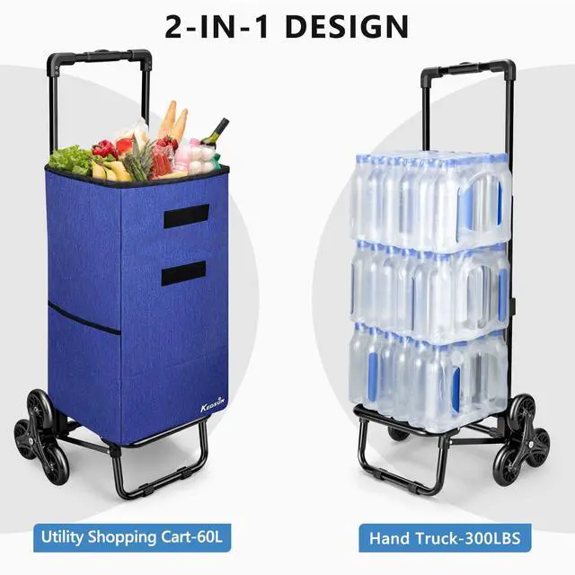 Alt view image 5 of 7 - KEDSUM 2 in 1 Stair Climbing Cart, 60L/300LBS Grocery Cart on Wheels for Stairs, Shopping Carts for Groceries with Removable Waterproof Bag, Folding Shopping Carts for Stairs, Blue
