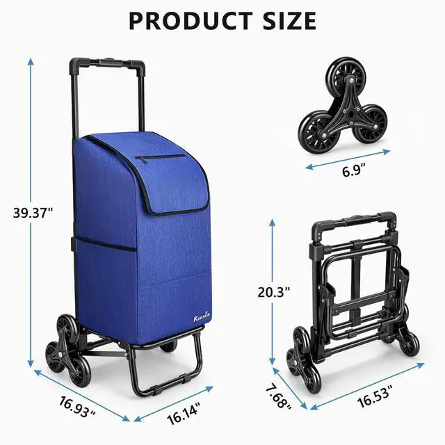 Alt view image 7 of 7 - KEDSUM 2 in 1 Stair Climbing Cart, 60L/300LBS Grocery Cart on Wheels for Stairs, Shopping Carts for Groceries with Removable Waterproof Bag, Folding Shopping Carts for Stairs, Blue