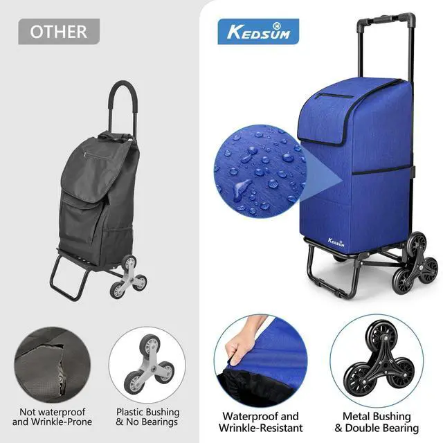Alt view image 4 of 7 - KEDSUM 2 in 1 Stair Climbing Cart, 60L/300LBS Grocery Cart on Wheels for Stairs, Shopping Carts for Groceries with Removable Waterproof Bag, Folding Shopping Carts for Stairs, Blue
