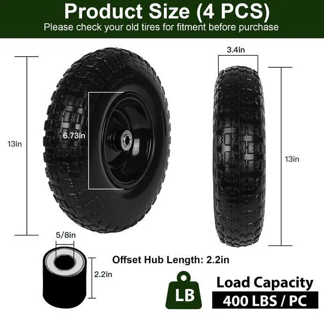 Alt view image 2 of 6 - Taifa 4 PCS 13 Inch Rubber Solid Flat Free Replacement Tires and Wheels 4.00-6 with 5/8'' Axle Bore Hole, Air Less Wheel for Wheelbarrow/Wagon/Hand Truck/Trolley/Garden Scooter etc.