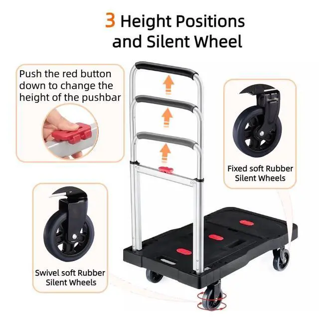Alt view image 4 of 7 - HBFBDRCT Folding Hand Truck, 330 Lbs Heavy Duty Luggage Cart, Portable Push cart Dolly with Adjustable Handle for Auto, Luggage, Personal, Travel, Moving Shopping and Office Use