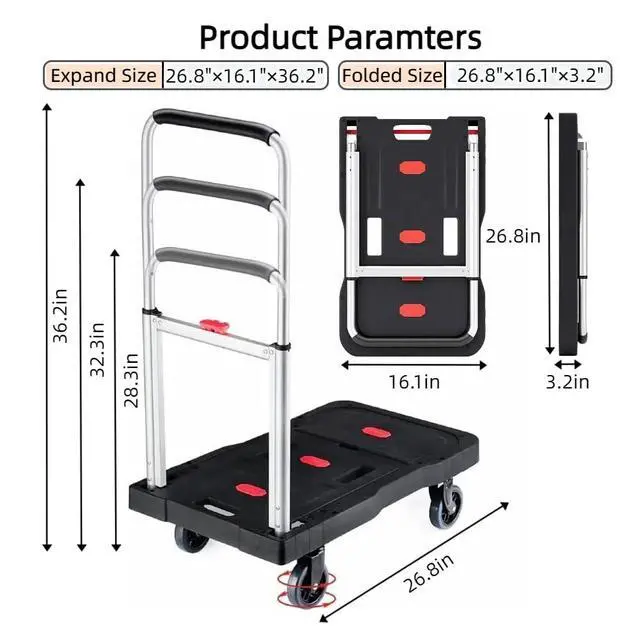 Alt view image 5 of 7 - HBFBDRCT Folding Hand Truck, 330 Lbs Heavy Duty Luggage Cart, Portable Push cart Dolly with Adjustable Handle for Auto, Luggage, Personal, Travel, Moving Shopping and Office Use