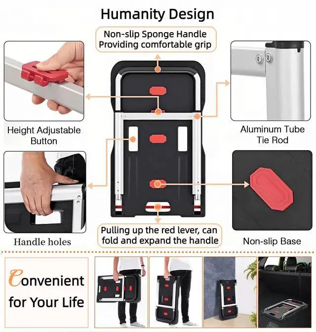 Alt view image 7 of 7 - HBFBDRCT Folding Hand Truck, 330 Lbs Heavy Duty Luggage Cart, Portable Push cart Dolly with Adjustable Handle for Auto, Luggage, Personal, Travel, Moving Shopping and Office Use