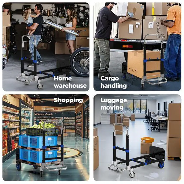 Alt view image 6 of 7 - Suzhi Foldable Hand Truck Moving Dolly Cart with 4 Wheels, 500 Lbs Load,2 Straps, Pre-Assembled, Save Room, Easy Folding Dolly for Furniture, Appliances, Boxes, Warehouse & Office Transport