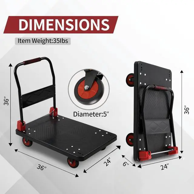 Alt view image 2 of 7 - Lomive Platform Truck Push Cart Dolly, Foldable Hand Trucks with 1000LB Weight Capacity 36x24Inch Large Size for Easy Storage and 360 Degree Swivel Wheels