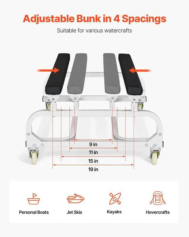 Alt view image 4 of 7 - VEVOR Watercraft PWC Dolly, 1000 lbs Load Capacity, Jet Ski Stand PWC Cart for Moving Watercraft, Adjustable Bunks with 4 Casters & 2 Brakes, Heavy-Duty Jet Ski Cart for Kayaks, Jet Skis, Speedboats