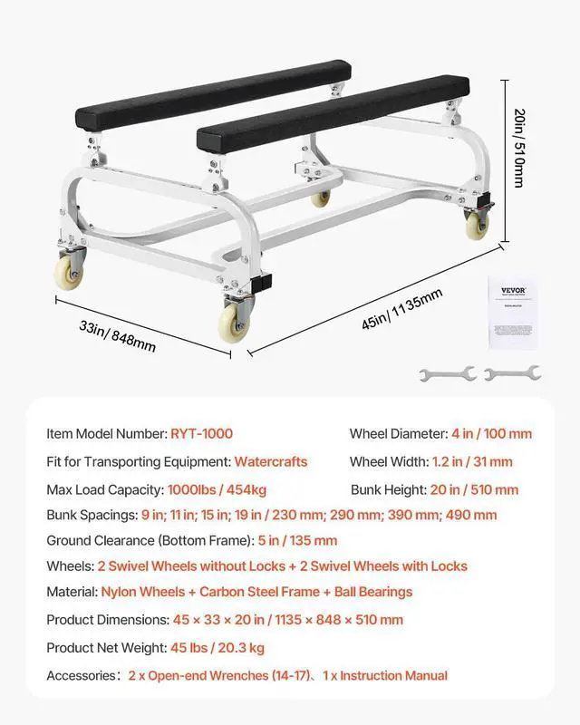 Alt view image 7 of 7 - VEVOR Watercraft PWC Dolly, 1000 lbs Load Capacity, Jet Ski Stand PWC Cart for Moving Watercraft, Adjustable Bunks with 4 Casters & 2 Brakes, Heavy-Duty Jet Ski Cart for Kayaks, Jet Skis, Speedboats