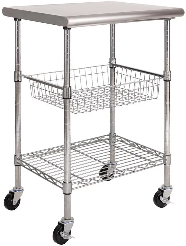 Main image of Commercial Work Table Island Utility Cart Prep Station, for Restaurant, Kitchen, Warehouse, Garage, Hotel, Home, Stainless-Steel Top NSF, 24" W x 20" D