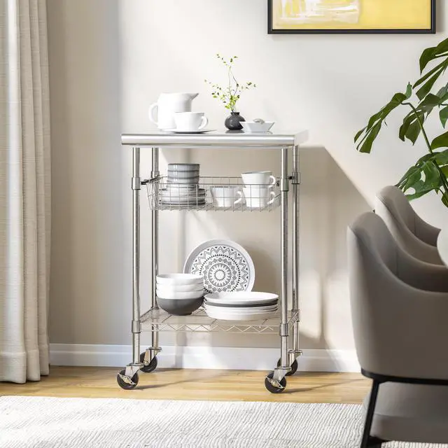 Alt view image 2 of 5 - Commercial Work Table Island Utility Cart Prep Station, for Restaurant, Kitchen, Warehouse, Garage, Hotel, Home, Stainless-Steel Top NSF, 24" W x 20" D