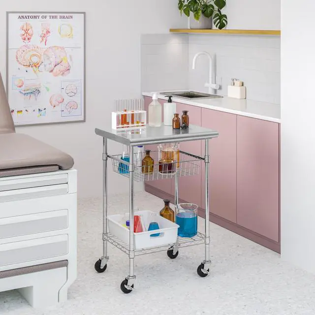 Alt view image 3 of 5 - Commercial Work Table Island Utility Cart Prep Station, for Restaurant, Kitchen, Warehouse, Garage, Hotel, Home, Stainless-Steel Top NSF, 24" W x 20" D