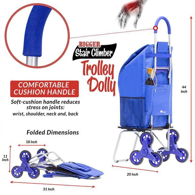 Alt view image 3 of 3 - Stair Climber Bigger Trolley Dolly, Blue Shopping Grocery Foldable Cart Condo Apartment