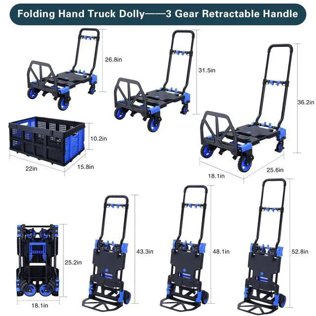 Alt view image 3 of 5 - 2-in-1Folding Hand Truck Dolly with Folding Basket, 330LBS Capacity Foldable Hand cart,Folding Dolly with Retractable Handle,Hand Truck Foldable with 4 Wheels for Moving