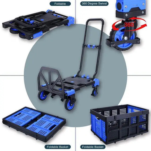 Alt view image 4 of 5 - 2-in-1Folding Hand Truck Dolly with Folding Basket, 330LBS Capacity Foldable Hand cart,Folding Dolly with Retractable Handle,Hand Truck Foldable with 4 Wheels for Moving