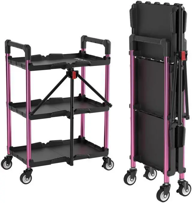 Main image of 3-Tier Collapsible Service Cart, Black/Pink, 210 LBS Foldable Utility Cart with Wheels, Portable Rolling Tool Cart for Garage, Warehouse, Home, Restaurant and Office (No Assembly Required)