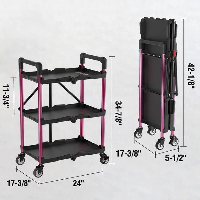 Alt view image 2 of 7 - 3-Tier Collapsible Service Cart, Black/Pink, 210 LBS Foldable Utility Cart with Wheels, Portable Rolling Tool Cart for Garage, Warehouse, Home, Restaurant and Office (No Assembly Required)