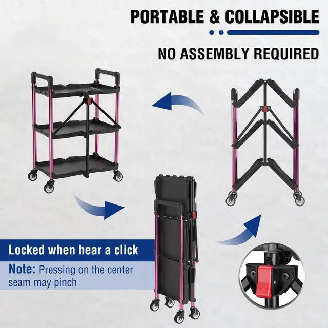 Alt view image 3 of 7 - 3-Tier Collapsible Service Cart, Black/Pink, 210 LBS Foldable Utility Cart with Wheels, Portable Rolling Tool Cart for Garage, Warehouse, Home, Restaurant and Office (No Assembly Required)