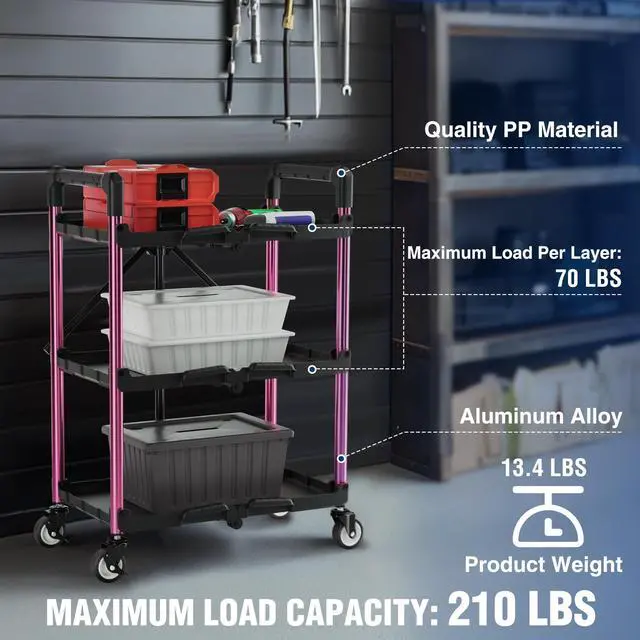 Alt view image 4 of 7 - 3-Tier Collapsible Service Cart, Black/Pink, 210 LBS Foldable Utility Cart with Wheels, Portable Rolling Tool Cart for Garage, Warehouse, Home, Restaurant and Office (No Assembly Required)