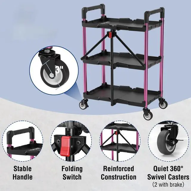 Alt view image 5 of 7 - 3-Tier Collapsible Service Cart, Black/Pink, 210 LBS Foldable Utility Cart with Wheels, Portable Rolling Tool Cart for Garage, Warehouse, Home, Restaurant and Office (No Assembly Required)