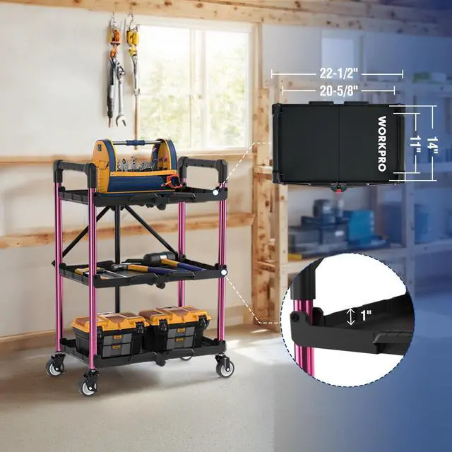 Alt view image 7 of 7 - 3-Tier Collapsible Service Cart, Black/Pink, 210 LBS Foldable Utility Cart with Wheels, Portable Rolling Tool Cart for Garage, Warehouse, Home, Restaurant and Office (No Assembly Required)