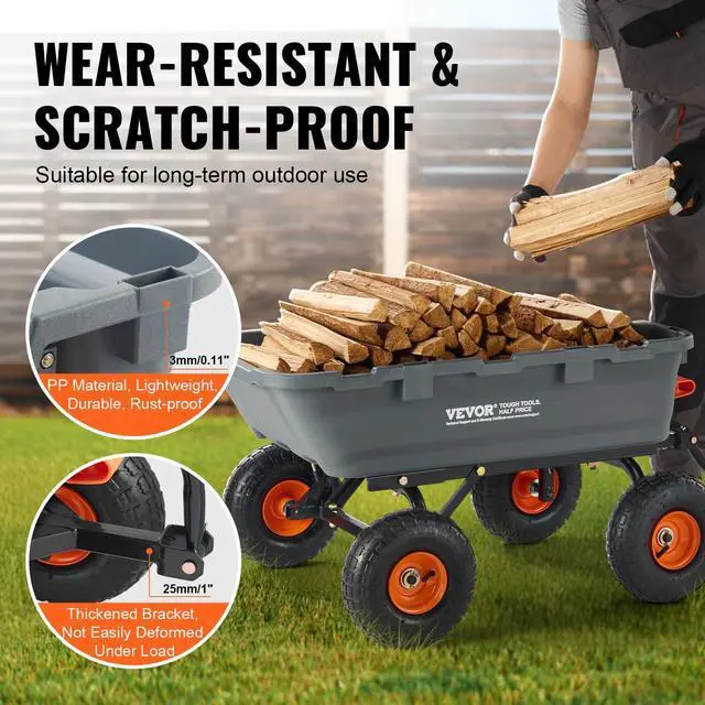 Alt view image 3 of 7 - 800lbs Poly Dump Garden Cart, Heavy Duty Yard Dump Cart Wagon, 4 Wheel Wheelbarrow with 10in Tires, 180°Rotating Handle, Steel Frame and Quick Release System