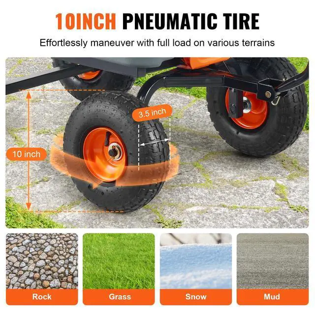 Alt view image 5 of 7 - 800lbs Poly Dump Garden Cart, Heavy Duty Yard Dump Cart Wagon, 4 Wheel Wheelbarrow with 10in Tires, 180°Rotating Handle, Steel Frame and Quick Release System