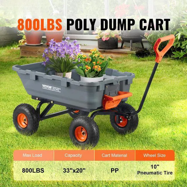 Alt view image 2 of 7 - 800lbs Poly Dump Garden Cart, Heavy Duty Yard Dump Cart Wagon, 4 Wheel Wheelbarrow with 10in Tires, 180°Rotating Handle, Steel Frame and Quick Release System