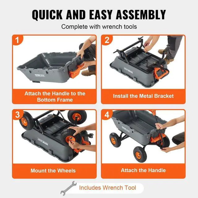Alt view image 6 of 7 - 800lbs Poly Dump Garden Cart, Heavy Duty Yard Dump Cart Wagon, 4 Wheel Wheelbarrow with 10in Tires, 180°Rotating Handle, Steel Frame and Quick Release System