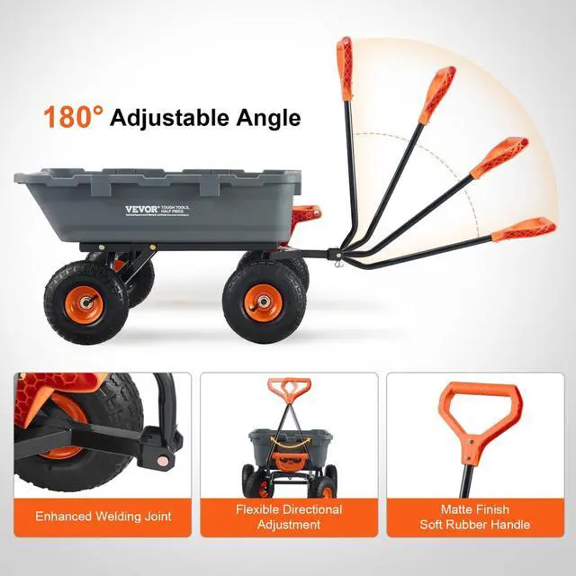 Alt view image 7 of 7 - 800lbs Poly Dump Garden Cart, Heavy Duty Yard Dump Cart Wagon, 4 Wheel Wheelbarrow with 10in Tires, 180°Rotating Handle, Steel Frame and Quick Release System