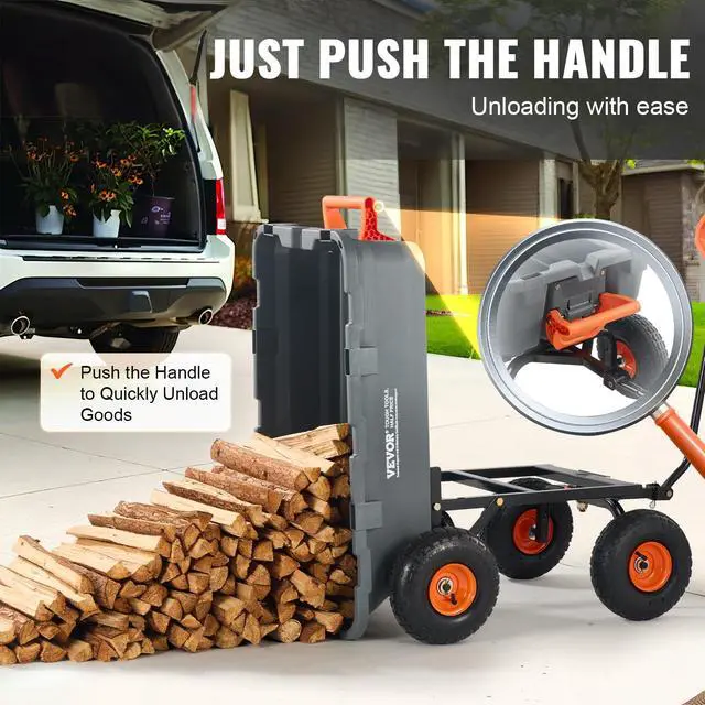 Alt view image 4 of 7 - 800lbs Poly Dump Garden Cart, Heavy Duty Yard Dump Cart Wagon, 4 Wheel Wheelbarrow with 10in Tires, 180°Rotating Handle, Steel Frame and Quick Release System