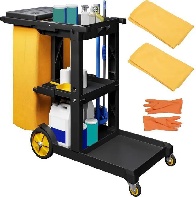 Main image of Cleaning Carts on Wheels, Janitorial Cart, 3-Shelf Commercial Traditional Plastic Housekeeping Cart, with 2 Yellow 25 Gallon Vinyl Bag and Pair of Rubber Gloves, Black
