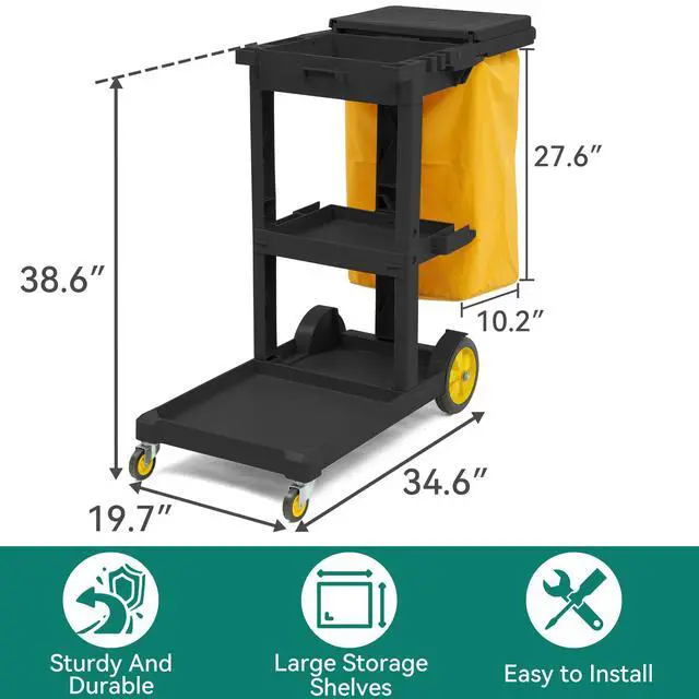Alt view image 2 of 6 - Cleaning Carts on Wheels, Janitorial Cart, 3-Shelf Commercial Traditional Plastic Housekeeping Cart, with 2 Yellow 25 Gallon Vinyl Bag and Pair of Rubber Gloves, Black