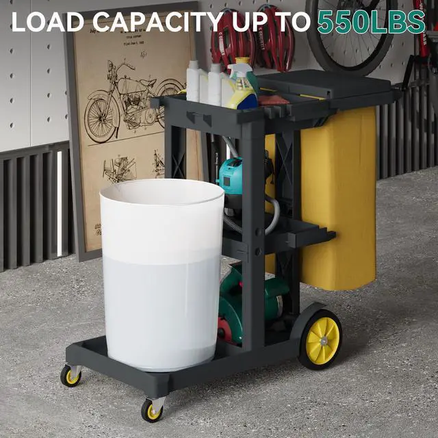 Alt view image 5 of 6 - Cleaning Carts on Wheels, Janitorial Cart, 3-Shelf Commercial Traditional Plastic Housekeeping Cart, with 2 Yellow 25 Gallon Vinyl Bag and Pair of Rubber Gloves, Black
