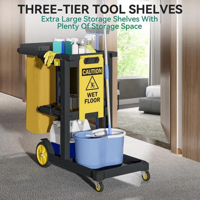 Alt view image 6 of 6 - Cleaning Carts on Wheels, Janitorial Cart, 3-Shelf Commercial Traditional Plastic Housekeeping Cart, with 2 Yellow 25 Gallon Vinyl Bag and Pair of Rubber Gloves, Black