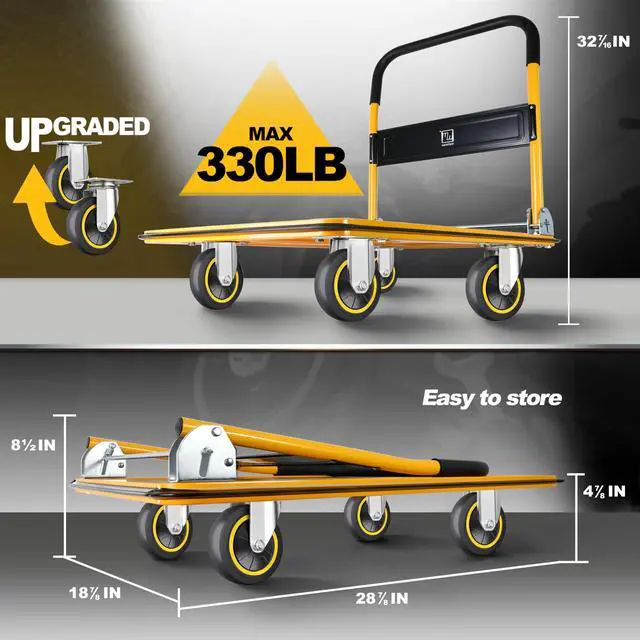 Alt view image 3 of 6 - Moving Platform Hand Truck, Foldable for Easy Storage and 360 Degree Swivel Wheels with 330lb Weight Capacity, Yellow Color