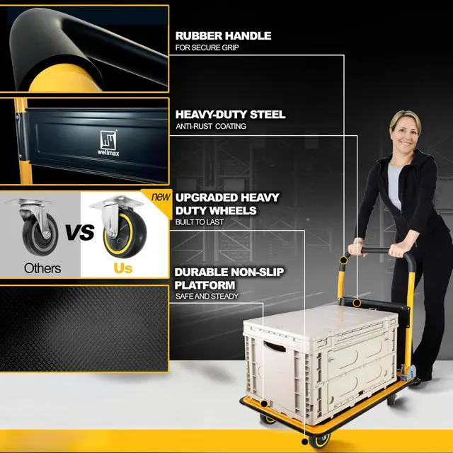 Alt view image 4 of 6 - Moving Platform Hand Truck, Foldable for Easy Storage and 360 Degree Swivel Wheels with 330lb Weight Capacity, Yellow Color