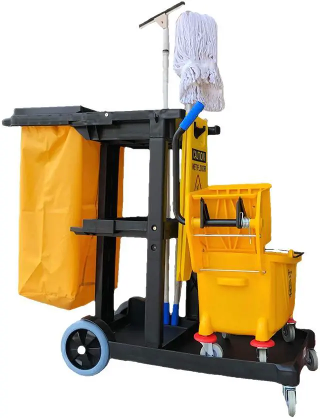 Main image of Janitorial Cart, 330 lbs Capacity 3-Shelf Commercial Housekeeping Cleaning Cart on Wheels, 25 Gallon Bag with Lid Stable, Smooth Movement