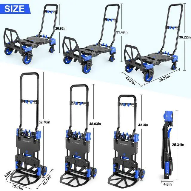 Alt view image 2 of 7 - 330LB Folding Hand Truck Heavy Duty Carrying, Combination of Four Wheels and Two Wheels Convertible Dolly Cart with Retractable Handle Dolly for Moving Office Carts(Blue)