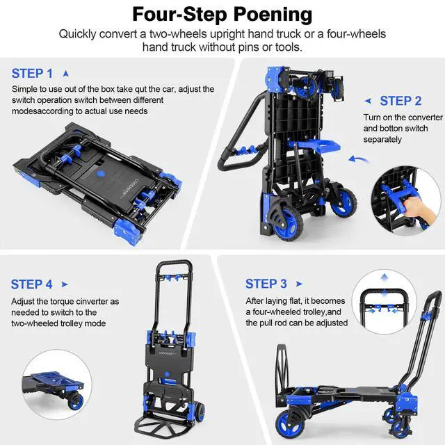Alt view image 3 of 7 - 330LB Folding Hand Truck Heavy Duty Carrying, Combination of Four Wheels and Two Wheels Convertible Dolly Cart with Retractable Handle Dolly for Moving Office Carts(Blue)