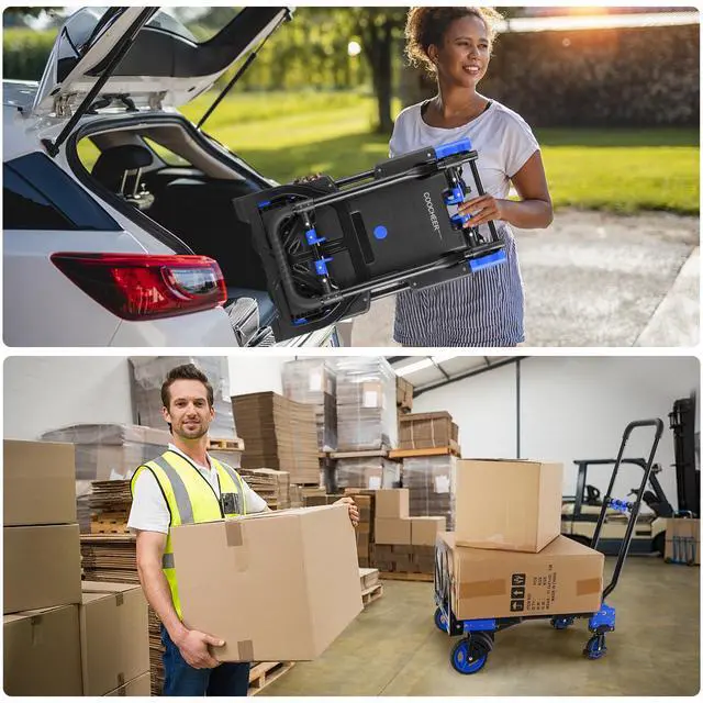 Alt view image 7 of 7 - 330LB Folding Hand Truck Heavy Duty Carrying, Combination of Four Wheels and Two Wheels Convertible Dolly Cart with Retractable Handle Dolly for Moving Office Carts(Blue)