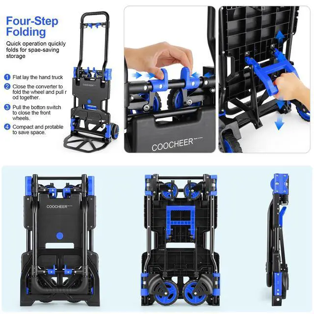 Alt view image 4 of 7 - 330LB Folding Hand Truck Heavy Duty Carrying, Combination of Four Wheels and Two Wheels Convertible Dolly Cart with Retractable Handle Dolly for Moving Office Carts(Blue)
